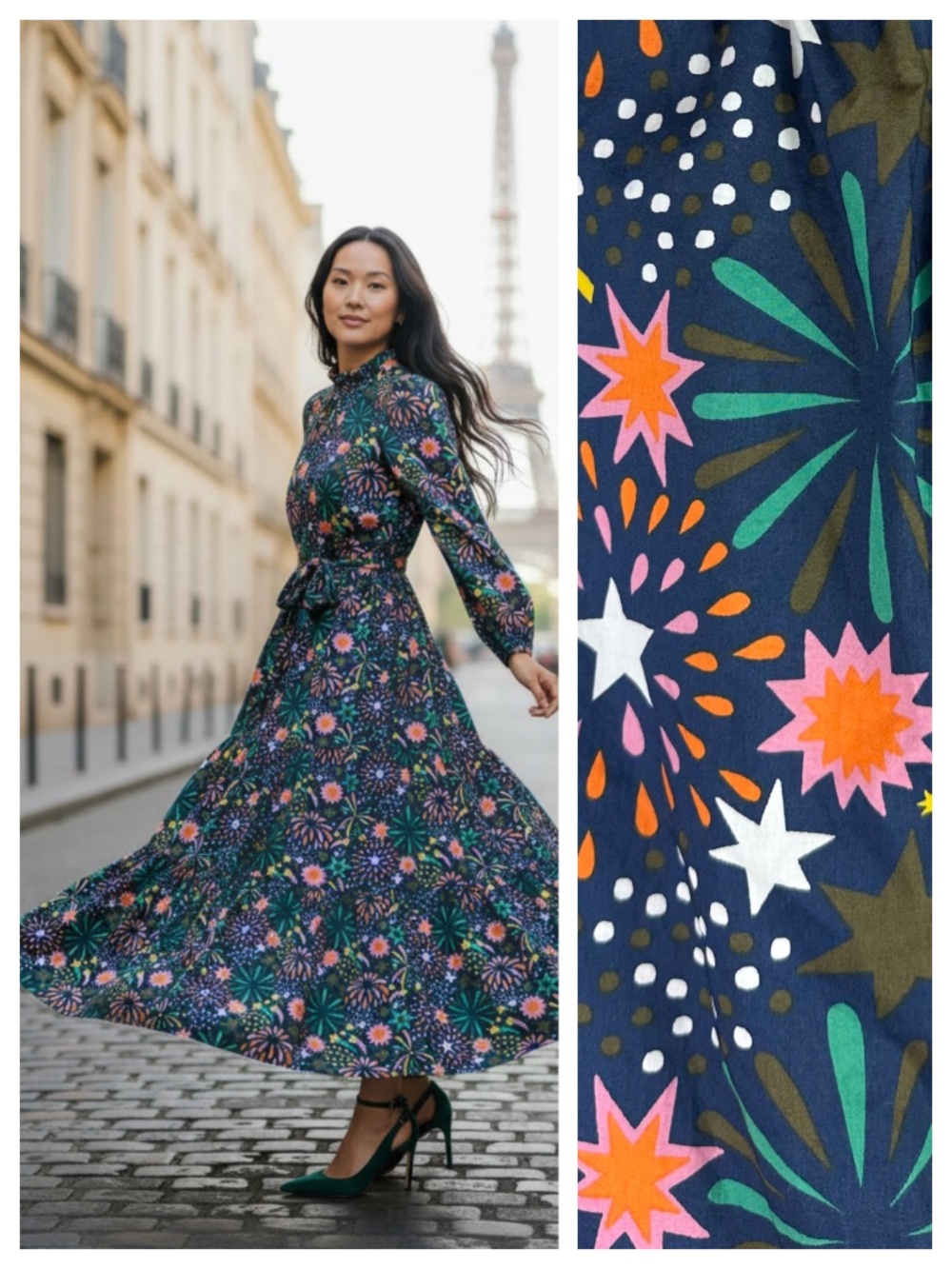 Boden Maxi Dress Sz 2P 2 Petite Firework Bloom Floral Mutton Sleeve Belted Blue